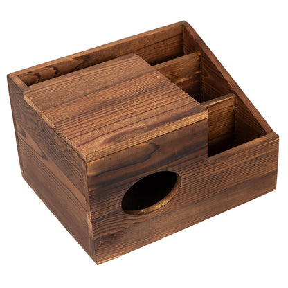 ExoLiry Deluxe Dark Rustic Brown Wooden Remote Control Caddy with Tissue Box Cover – Multi-Compartment Organizer for TV Remotes, Phones, Tablets and Living Room Essentials