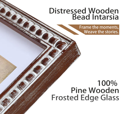Gdfmsc 11x14 Rustic Picture Frame with Mat for 8x10, Decorative Distressed Beaded Wooden Real Glass, Vertical or Horizontal Display Photo Gallery Wall & Tabletop Frame, White Washed Brown