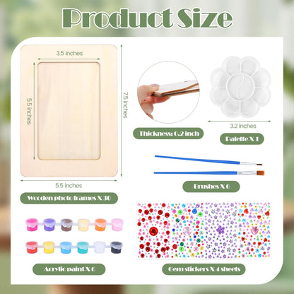 Fovths 30 Pcs Wooden Picture Frames for Crafts, 4 x 6 Inch DIY Wood Frames with Gem Stickers Acrylic Paint Brushes Palette, Unfinished Wood Photo Frame for DIY Painting Arts Projects Decorate