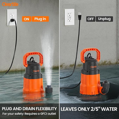 Cleartide Submersible Utility Water Pump, 1/3 HP 2790 GPH, 100% Copper Motor, Thermoplastic Portable Plug & Work, Ideal for Pool, Flooded Basement, Hot Tub, Pond & Garden Draining,10 FT Cord
