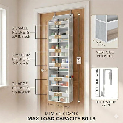 HOMELUX THEORY UPGRADED 6 Tiers Over The Door Organizer Hanging - 100D EXTRA THICK & 50lbs HUGE CAPACITY, 12 Side Mesh Pockets Over The Door Shoe Organizer, Hanging Closet Organizer (Light Gray, 1pc)