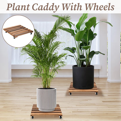 Xelsluthe 2 Pack 16 Inch Wooden Rolling Plant Stand with Lockable Wheels Heavy Duty Square Plant Dolly Pot Risers Roller Base for Indoor Outdoor Planters