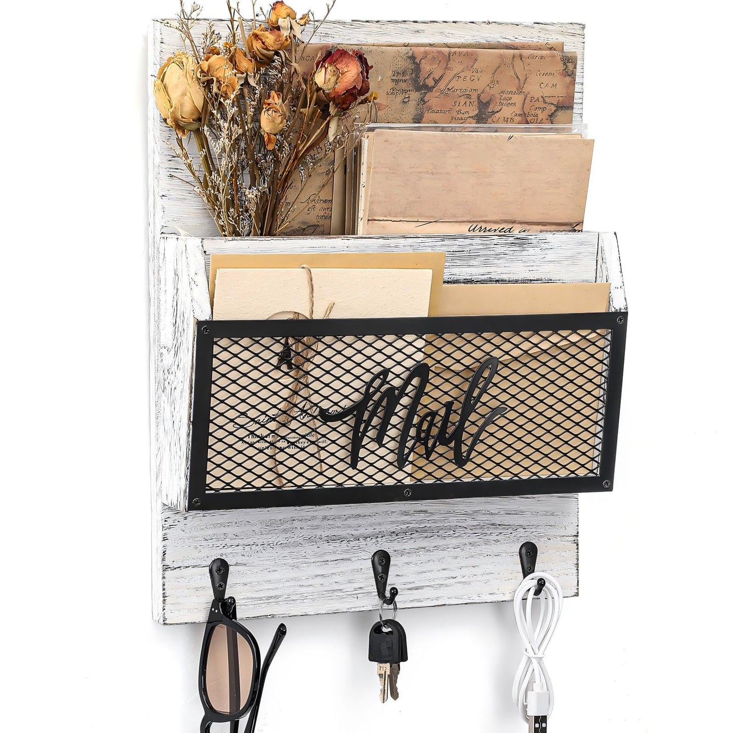 Yalikop Farmhouse Mail Organizer Wall Mounted Rustic Mail Holder Hanging Key Sorter with 3 Hooks Indoor Wooden Wall Mounted, Letter, Magazines, Newspapers, Keys(Classics,White Gray)