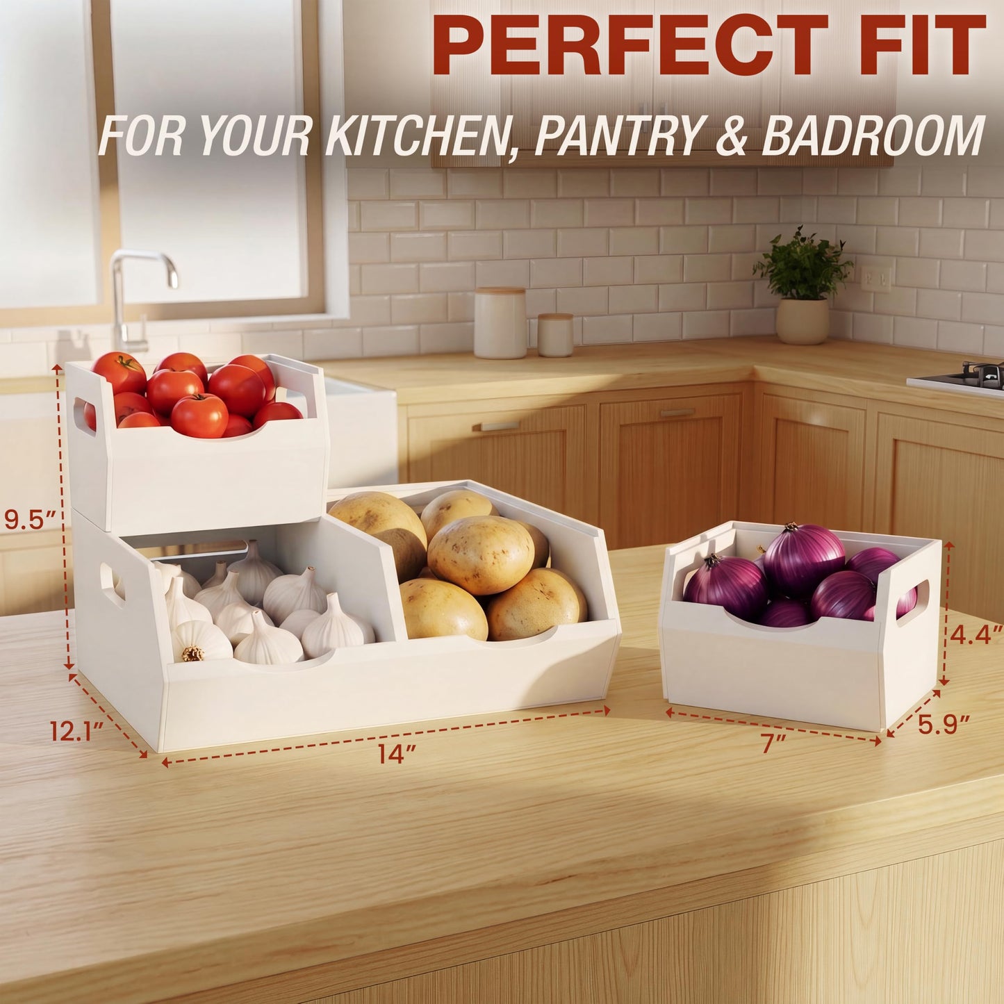 HOMESTEAD Stackable Solid Wood Storage Bins for Kitchen Pantry & Countertop, Ventilated Potato and Onion Basket Organizer with Handles, Wooden Produce Storage Containers, 3-Pack, White