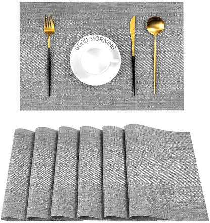 Leetaltree Grey Placemats, Heat Resistant Non-Slip Place mats for Dining Table, Washable Durable PVC Vinyl Woven Table Mats (Set of 6)