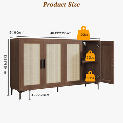 JASIWAY Buffet Cabinet with Storage, 48" Rattan Sideboard with Adjustable Shelves, Modern Coffee Bar Cabinet Console Table with Doors, Credenza for Kitchen, Living Room, Entryway, Dining Room, Walnut