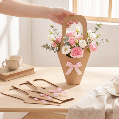 Mooliwe 20 Pcs Wedding Flower Bouquet Holder with Bow Flower Paper Gift Bags with Handles Kraft Packaging Wrap Bags for Florist Wedding Birthday Baby Shower Small Business Party Decor