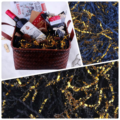 Crinkle Cut Paper Shred Filler 8 oz (1/2 lb) Gift Wrapping & Gift Basket Filler for Christmas, Halloween & Wedding Decorations,Easter Basket Grass Filler ,Crafting Activities (Dark green and gold)
