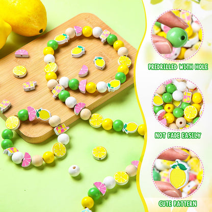 Chunful 160 Pcs Lemon Wooden Beads Bulk 16 mm Yellow and Green Lemon Shaped Beads Summer Fruit Natural Round Beads Lemonade Spacer Wood Beads with Rope for Making DIY Crafts Farmhouse Home Decor