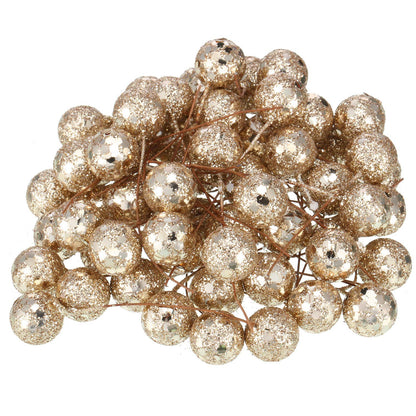BBTO Artificial Holly Berries, 100 Pieces Mini 10 mm Fake Berries Decor on Wire for Christmas Tree Decorations Flower Wreath DIY Craft Use (Sequined Champagne Gold)