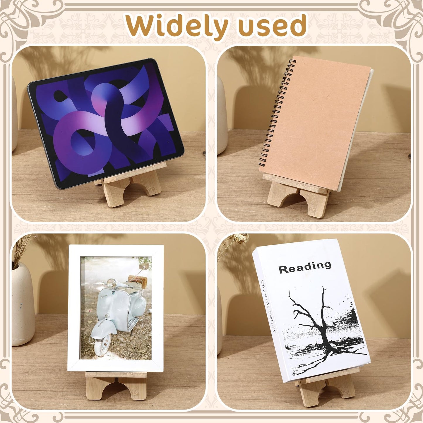 4 Pcs Bamboo Book Stand for Display, Sturdy Holder Easel for Home Office, Perfect for Albums, Magazines, Comics, Postcards, Artworks, and Video Games - Back to School Gift Idea