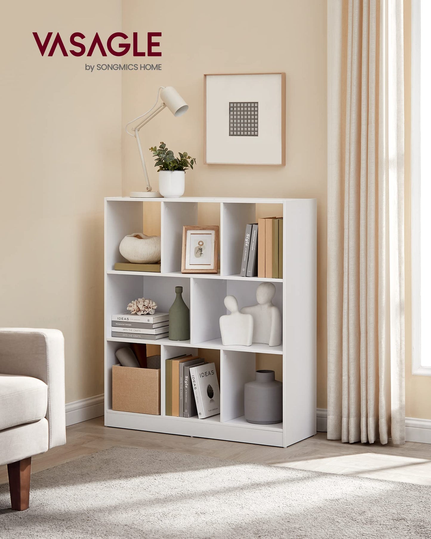VASAGLE Custos Collection - Bookcase, Bookshelf, Freestanding Storage Unit, Used Horizontally, Vertically, Upside Down, 11 x 35.4 x 39.4 Inches, for Living Room, Study, Office, Cloud White ULBC55WT