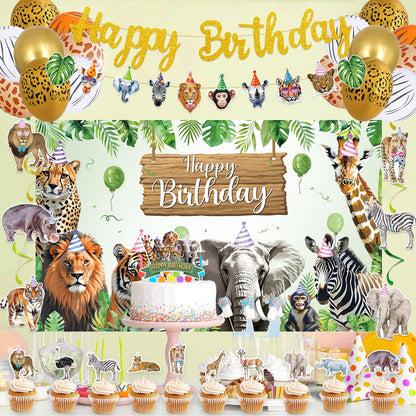 Roetyce Safari Animals Birthday Party Decorations, Jungle Wild Animals Happy Birthday Banner Balloons Hanging Swirls Cake Topper Kit, Safari Themed Birthday for Kids Photo Background Backdrop