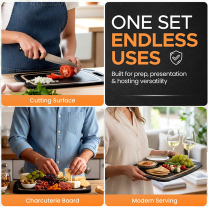 Earth's Dreams Composite Wood Cutting Board Set of 3 – Built In Juice Groove, Non-Toxic Cutting Boards for Kitchen – Large, Medium & Small Non-Slip Wood Charcuterie & Chopping Boards (Black/Tan)