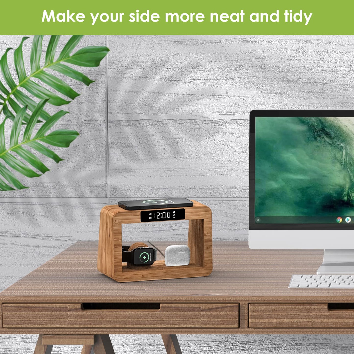 Bamboo Wireless Charging Station, Night Light with Digital Alarm Clock, Nightstand Charging Station for Apple Devices, Fast Wireless Charger for iPhone/Apple Watch/AirPods Pro
