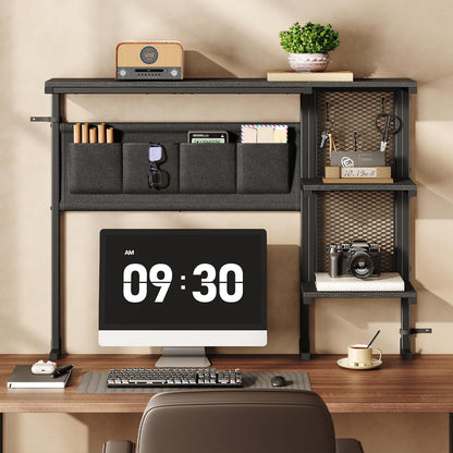 STHYTON Clamp On Desk Shelf, 3-Tier Above Desk Extender with Pegboard & Hooks, Metal & Wooden Desktop Bookshelf & Organizer, Tabletop Storage Rack for Office Accessories, 38.3" W x 33" H, Black