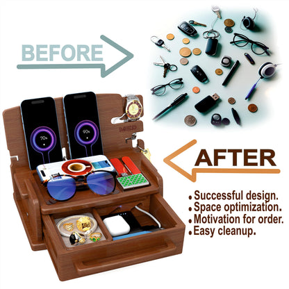 MED Wood Phone Docking Station for Men with Drawer — Nightstand & Desk Organizer for Husband & Dad — Key Holder, Wallet Stand, Watch Holder (Dark Walnut)