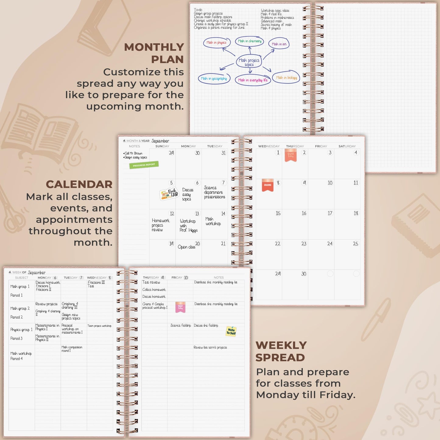 Clever Fox Teacher Planner Spiral – School Year Planner with Calendars & Lesson Plans – Teacher Plan Book for Classroom & Homeschool Organization - Undated, 7.9x10″ (Rose Gold)