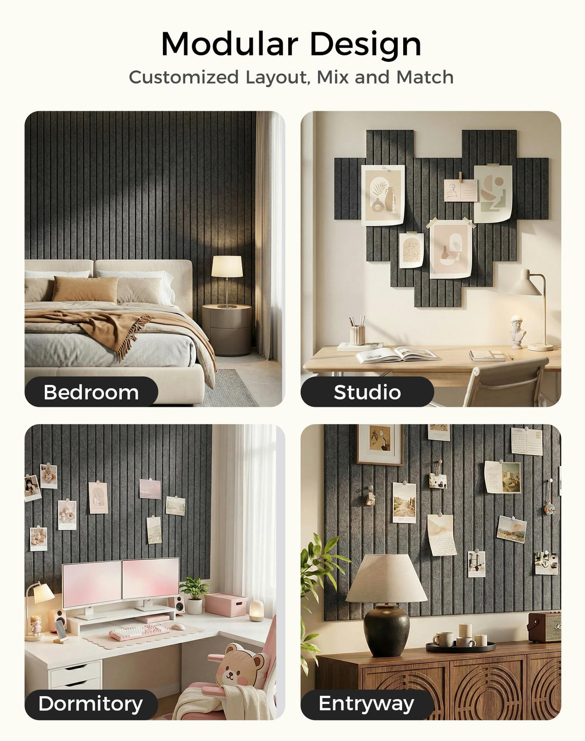 Aothia 12-Pack Felt Bulletin Board Tiles 48"x36", Modular Pin Board for Smooth Walls, Cork Board Alternative for Notes & Photos, 0.35" Thick, 70 Adhesive Tabs & 40 Pins, Charcoal Gray