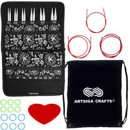 ChiaoGoo Twist Red Lace 5-Inch Large 7500-L Interchangeable Circular Knitting Needle Set, Sizes US 9, 10, 10.5, 11, 13, 15, Stainless Steel with 3 Cords with Project Bag