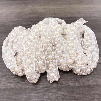 BETITETO 3Yards Pearl Beaded Trim Lace Ribbon Trimming Edge Embellishments for Sewing Bridal Dress Party Clothes Wedding Decoration Fabric Crafts DIY (Ivory Ribbon)