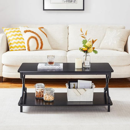 VECELO Coffee Table for Living Room with Round Corners Modern Farmhouse Center Table with Storage Shelf for Home Office 39 Inch, Easy Assembly, Glossy Black