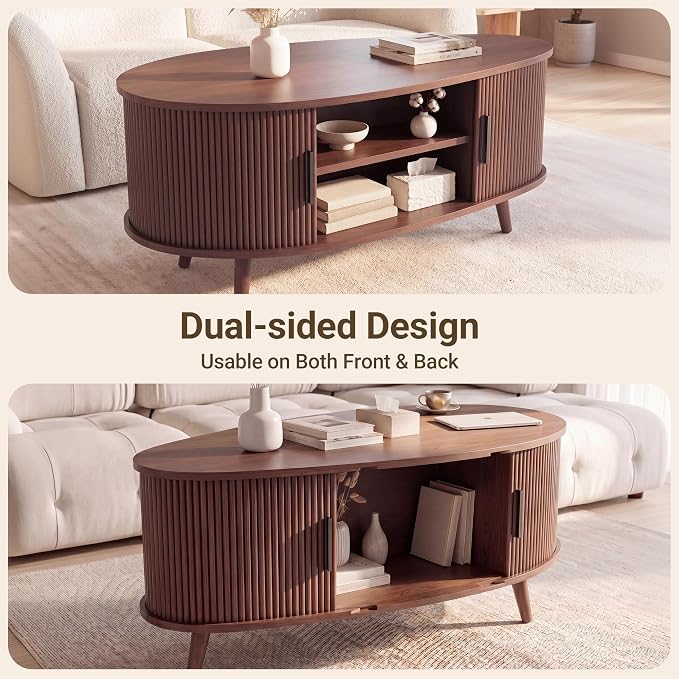 Seang Fluted Coffee Table with Storage,39" Oval Coffee Table with Dual Sliding Doors,Wooden Center Table for Living Room Home Office,Walnut