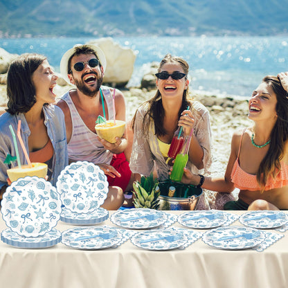 96pcs Scalloped Coastal Party Supplies Tropical Blue Bow Starfish Seashell Plates and Napkins Tableware Set Ocean Theme Party Decorations for Summer Beach Wedding Birthday Bachelorette for 24 Guests