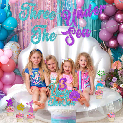 Three Under the Sea Party Decorations, Sea Themed 3rd Birthday Party Decorations Include Number 3 Seashell Confetti Balloons for 3rd Birthday Party Girls' Shell Decor Under the Sea Party Supplies