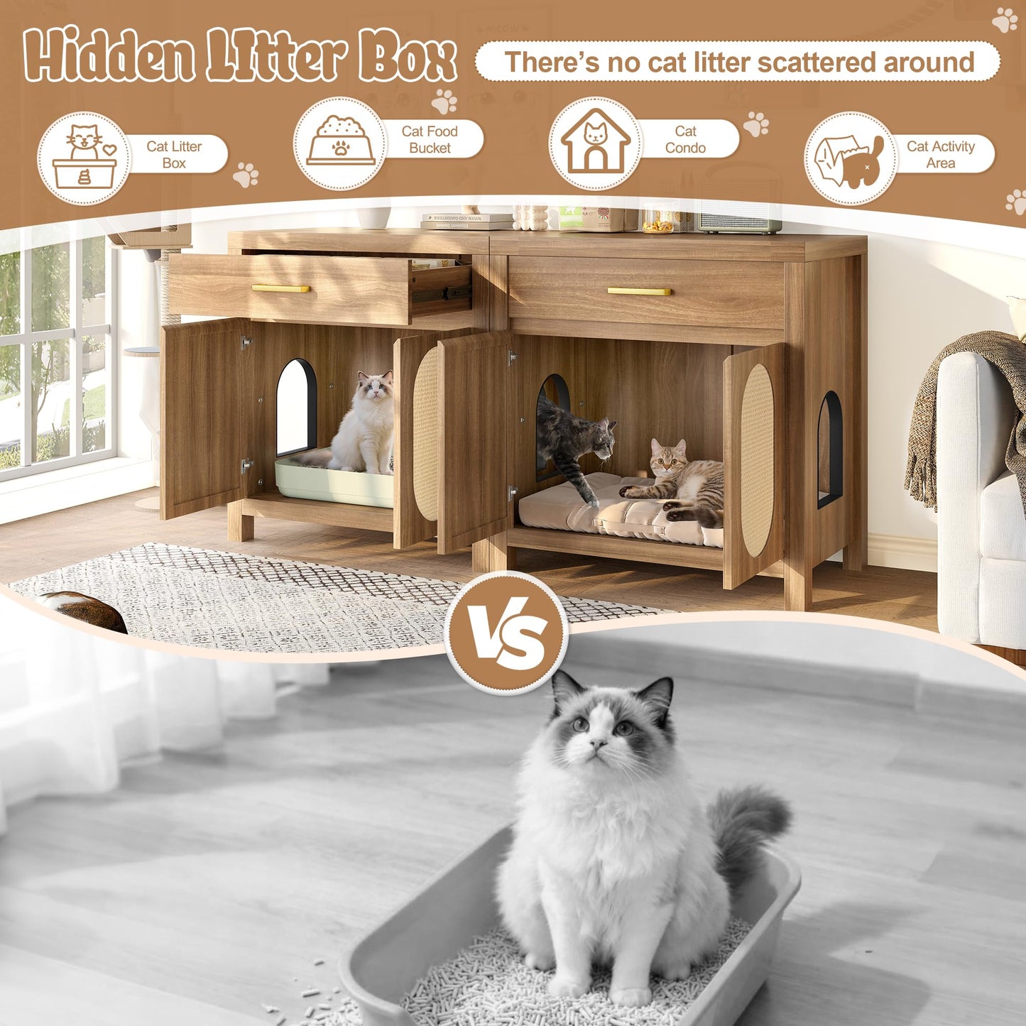 Merax 2 Pieces Cat Litter Box Enclosure with Storage Drawer, Hidden Cat Litter Box Furniture with Scratching Board Doors, Wooden Washroom Cat House Table Nightstand Box Cabinet, Espresso