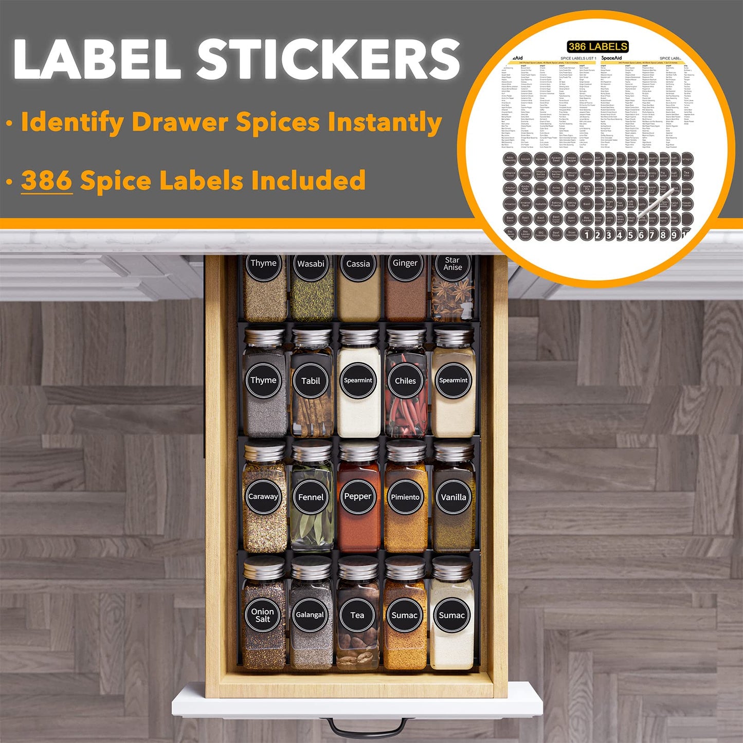 SpaceAid Spice Drawer Organizer with 28 Spice Jars, 386 Spice Labels, 4 Tier Seasoning Rack Tray Insert for Kitchen Drawers, 13" Wide x 17.5" Deep