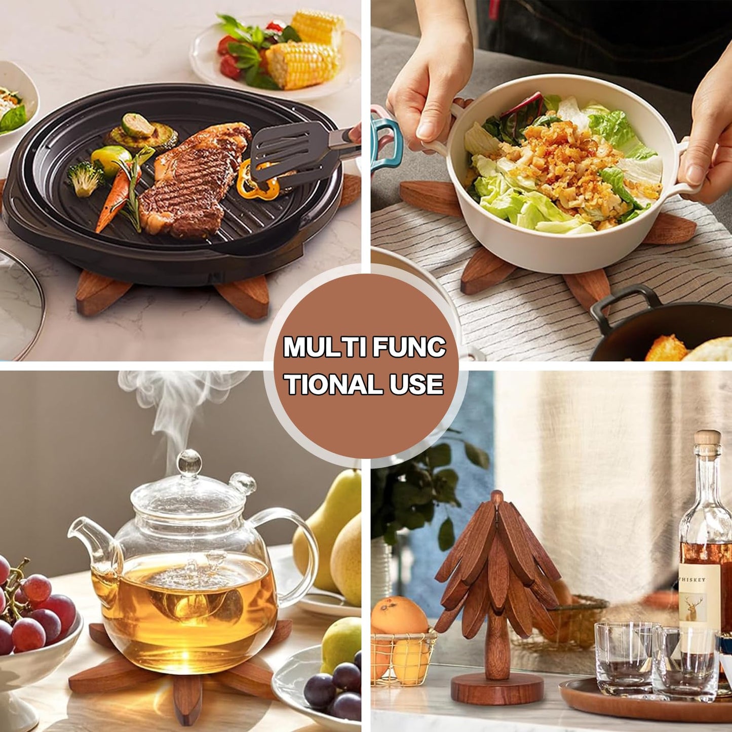 Wooden Trivets for Hot Dishes,Tree Trivet Set,Tree Coasters Set of 4,Treevet Coaster Set,Trivets for hot pots and Pans，4 treevot Coaster +1 Stand for Pot, Bowl, Teapot (Walnut Wood, 4Trivet)