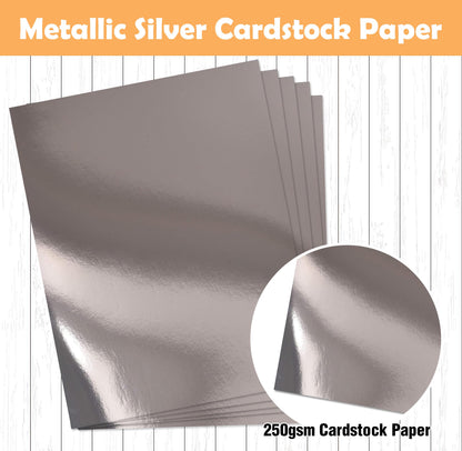 Gift Boutique 60 Pcs Metallic Silver Cardstock Paper, Foil Board Sheets, Mirror Finish Surface for Crafting Invitations & Decor, 8.5" x 11", 250gsm