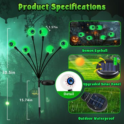 4 Pack Solar Eyeball Lights for Halloween Decorations Outdoor, 24 LED Green Eyeball Solar Halloween Lights, Waterproof Swaying Firefly Lights with 2 Modes for Pathway Patio Yard Lawn Garden Decor