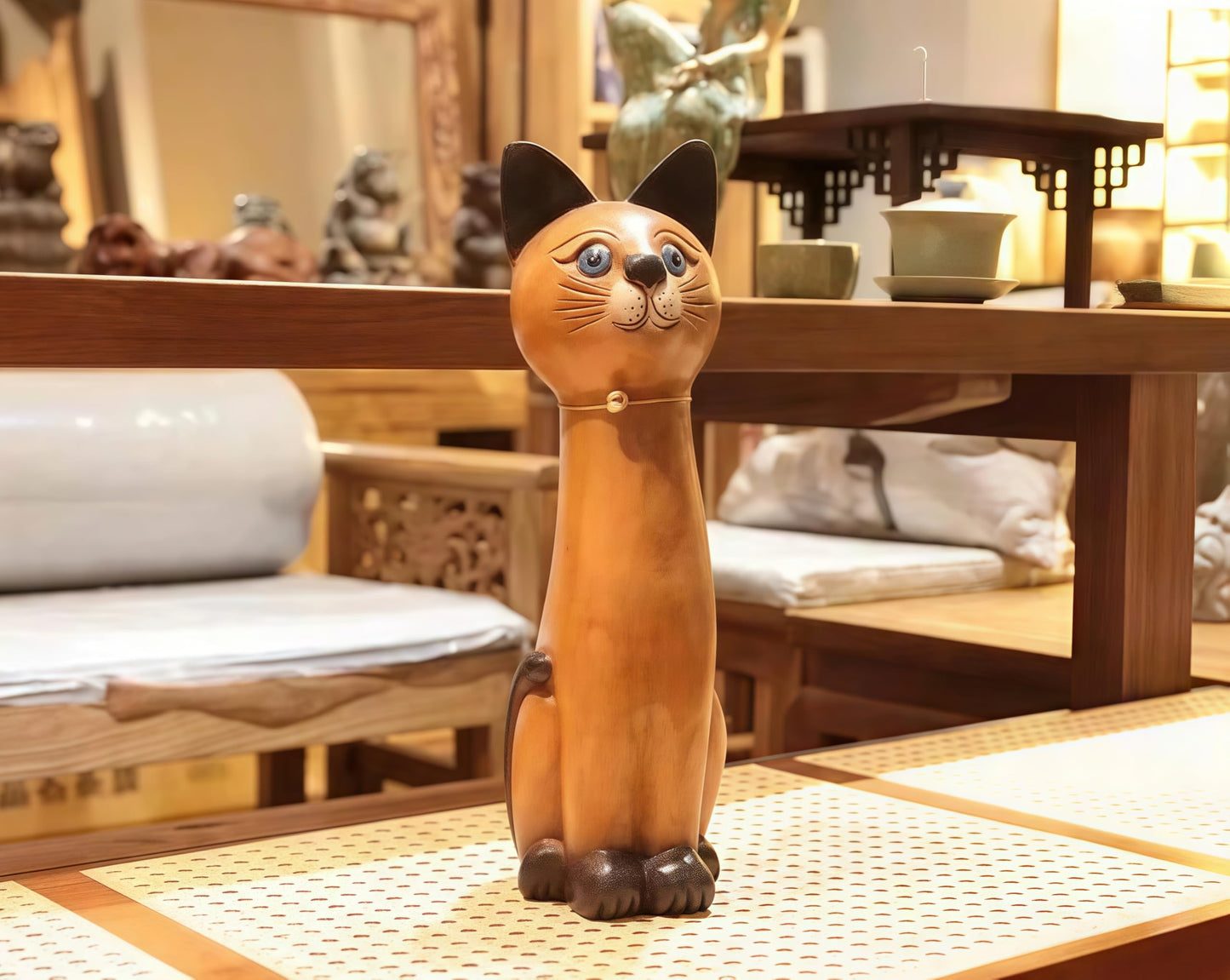 AHZGBL Wooden Cat Figurine, Hand Carved Solid Wood Cat Statue from Thailand, Handcrafted Home Art Decor for Living Rooms, Entryways, Restaurants, Bars, Cafes, Offices, Gift for Cat Lovers(Sitting Cat)