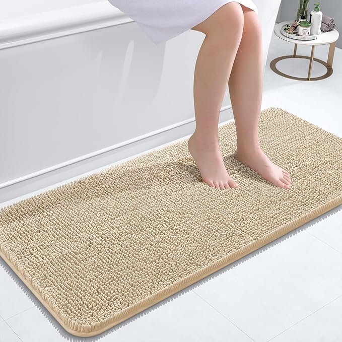 OLANLY Bathroom Runner Rugs 47x20, Extra Soft Absorbent Chenille Bath Rugs, Rubber Backing Quick Dry, Machine Washable Long Bath Mats for Bathroom Floor, Tub and Shower, Home Decor Accessories, Beige
