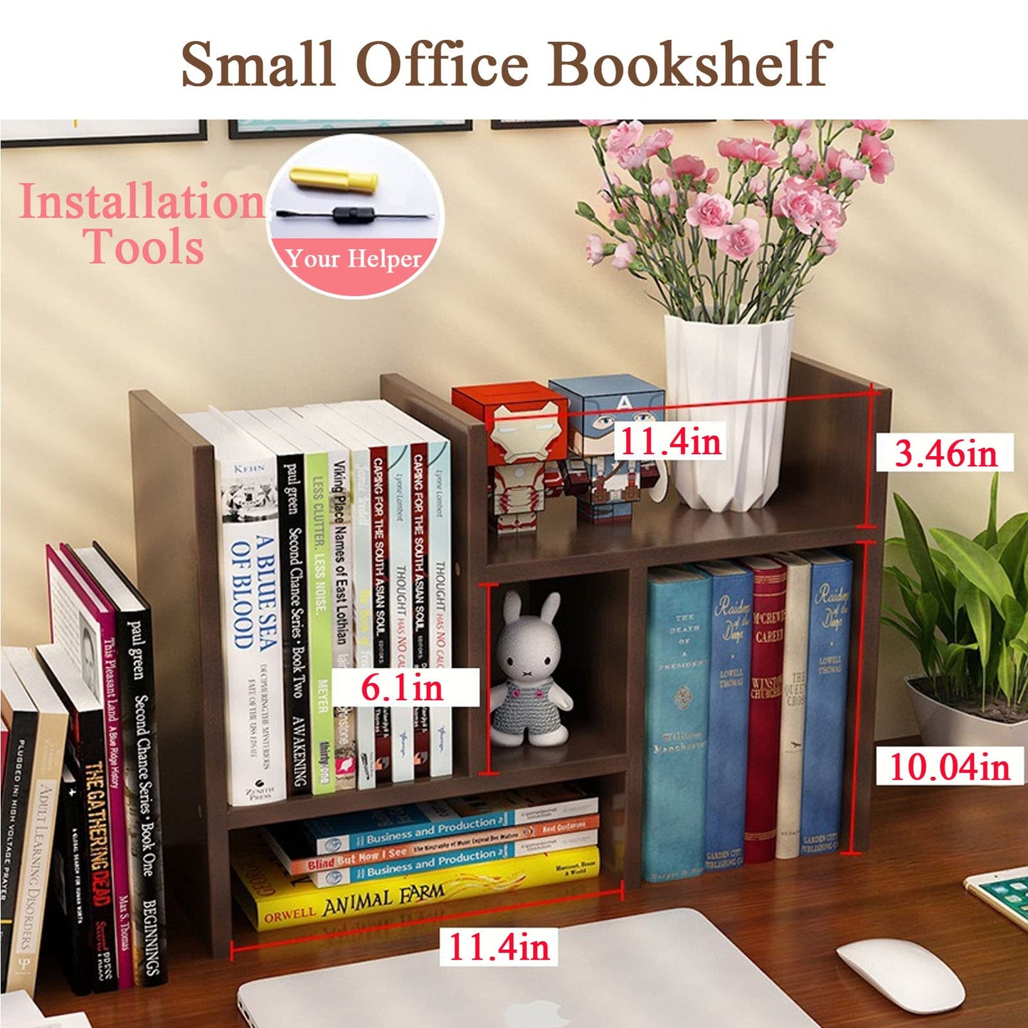 VOVCIG Desktop Organizer Expandable Office Storage Rack Adjustable Wood Display Shelf Rack Small Bookshelf Office Supplies Storage Shelf, 5 Units(Dark Brown)