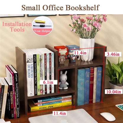 VOVCIG Desktop Organizer Expandable Office Storage Rack Adjustable Wood Display Shelf Rack Small Bookshelf Office Supplies Storage Shelf, 5 Units(Dark Brown)
