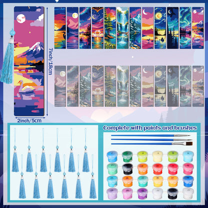 Kosiz 12 Pcs Night Landscape Paint by Numbers Kit for Adults Wood Bookmark Painting Decor Mini Paint by Numbers Kit Tassels Blank Bookmarks Craft for Small DIY Book Lovers Gift 7x2 ''