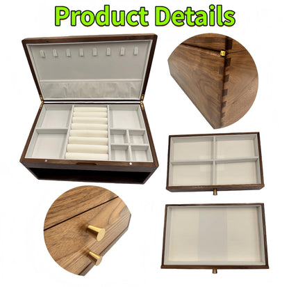 XYittkl Black Walnut Jewelry Organizer, Wooden Jewelry Box - 3 Layer Large Storage with Velvet Lining, Handcrafted Case for Necklaces, Rings, Earrings, Great Gift for Anniversary, Mother's Day