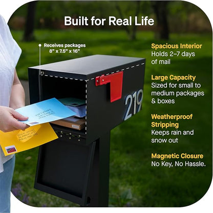 Adoorn Post Mount Outdoor Mailboxes - Large Decorative Mailbox for Letters and Packages - Weatherproof Construction - Durable Steel - Magnetic Closure - 9.5” H x 9.5” W x 20.75” D - Black