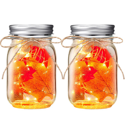LemonRoad 2 Sets Thanksgiving DIY Craft Kit DIY Glass Mason Jar Solar Lanterns Fall Maple Leaf Table Centerpieces Decoration with Rope Brush Glue for Autumn Party Decor Classroom Activities Crafts
