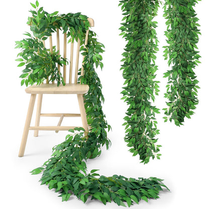 Suncalla 2 Pcs 10 Feet Artificial Vines Garland Faux Italian Ruscus Vine Twigs Silk Green Leaves Greenery Garland for Wedding Table Centerpieces Arch Decor Party Room Home Garden Office Wall Decor