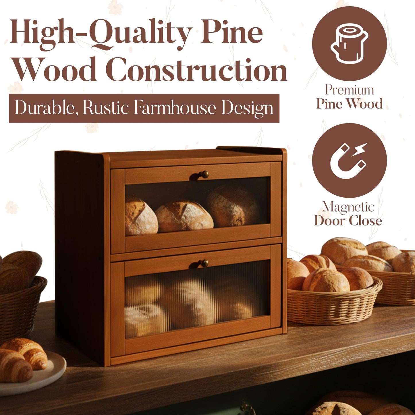 Jubily Bread Box with Clear Acrylic Windows – 2-Layer Pine Wooden Storage Box, Large Bread Box for Kitchen Countertop, Bread Storage Container for Homemade Bread, Rolls & Baked Goods