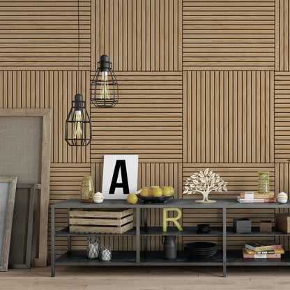 INNO STICKERS 4-Piece Wood Slat Wall Panel for Interior Wall Decor Noise Cancelling 47.2" x 23.6" Peel and Stick Acoustic Decorative 3D Sound Absorbing Wall Paneling, Natural Oak