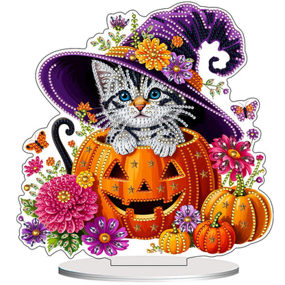 VODAPYC Halloween Diamond Art Tabletop Painting Kit, DIY Stand Up Double Sided Special Shaped Diamond Painting Desktop Ornament(Halloween-Cat)