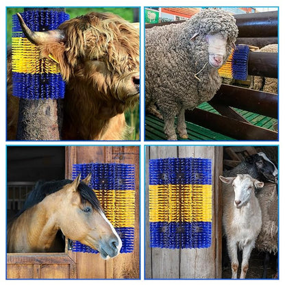 Extra Large Size Livestock Scratching Brush, Upgraded Horse/Goat/Cow/Cattle Scratcher Brush for Grooming, Itch Relief Horse Scratcher Brushes Kit with Two Sets of Mounting Screws(2-Pack,Yellow)