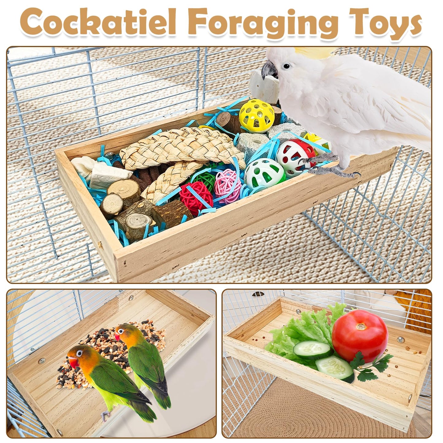 BNOSDM Bird Foraging Toys Box Colorful Parrot Foraging and Shredding Toy Boxes Natural Bird Toy Wooden Birds Chewing Toys for Parakeet, Conure, Cockatiel, Budgies, Lovebirds (Large)