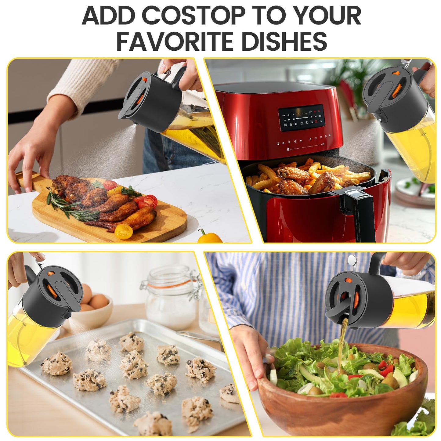 Costop Oil Sprayer for Cooking, 2025 Large Advanced Olive Oil Dispenser Bottle,500ml/17oz Glass Olive Oil Sprayer,2 in 1 Even Spray with Portion Control for Kitchen, Air Fryer, Salad, BBQ - Black