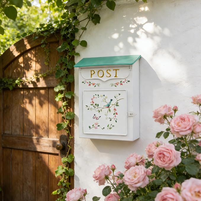 Mailbox Wall Mount Mailboxes for Outside Vintage Mail Boxes for House Outside Metal Drop Box Antique Style Nostalgic Charm Home Decorative, Flower Pattern, White